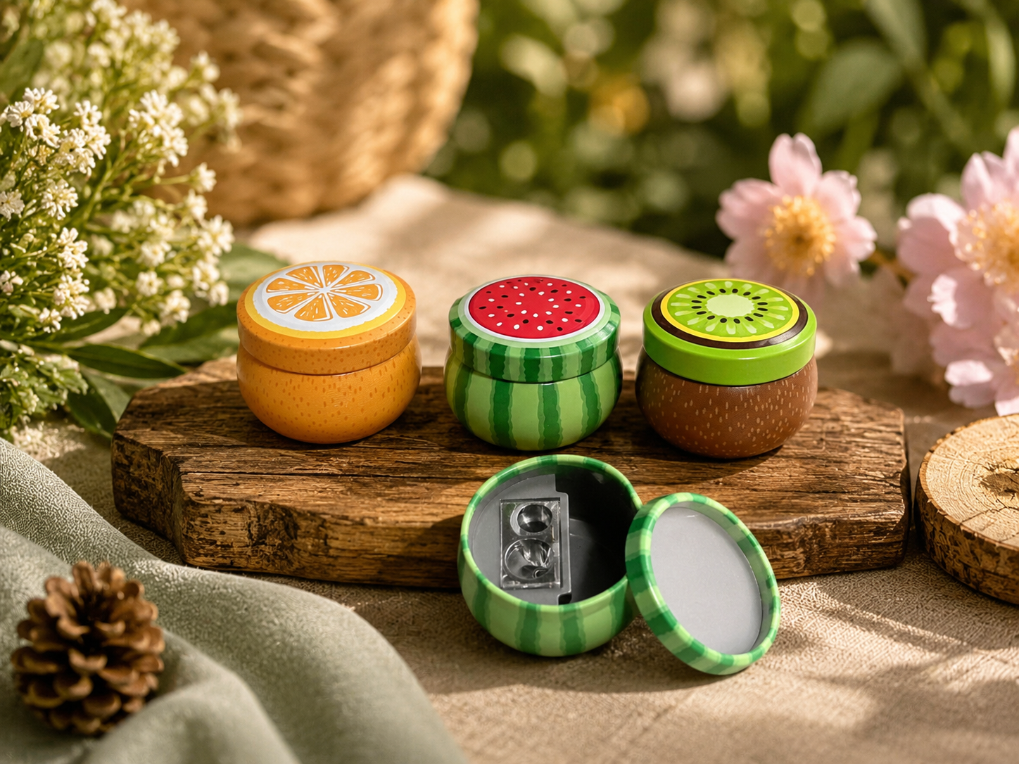 Cute Fruit Shape Pencil Sharpener with Shavings Container – Orange, Watermelon & Kiwi Design