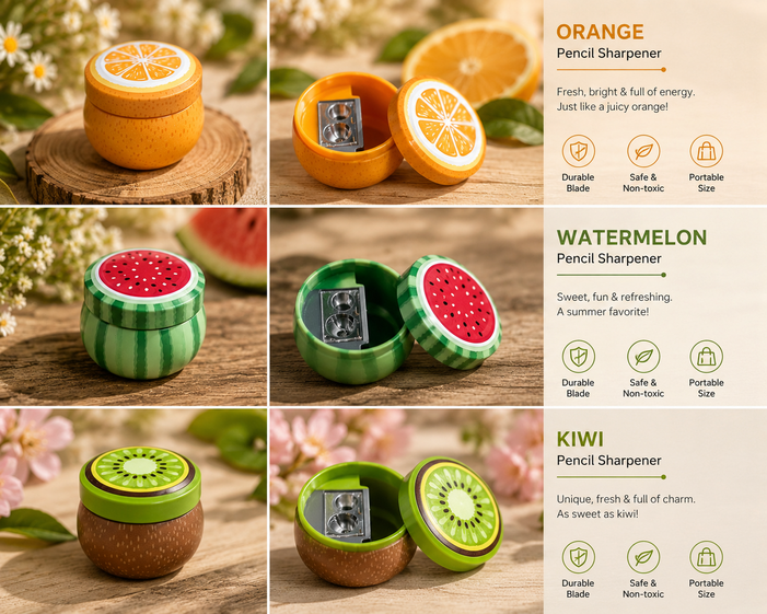 Cute Fruit Shape Pencil Sharpener with Shavings Container – Orange, Watermelon & Kiwi Design